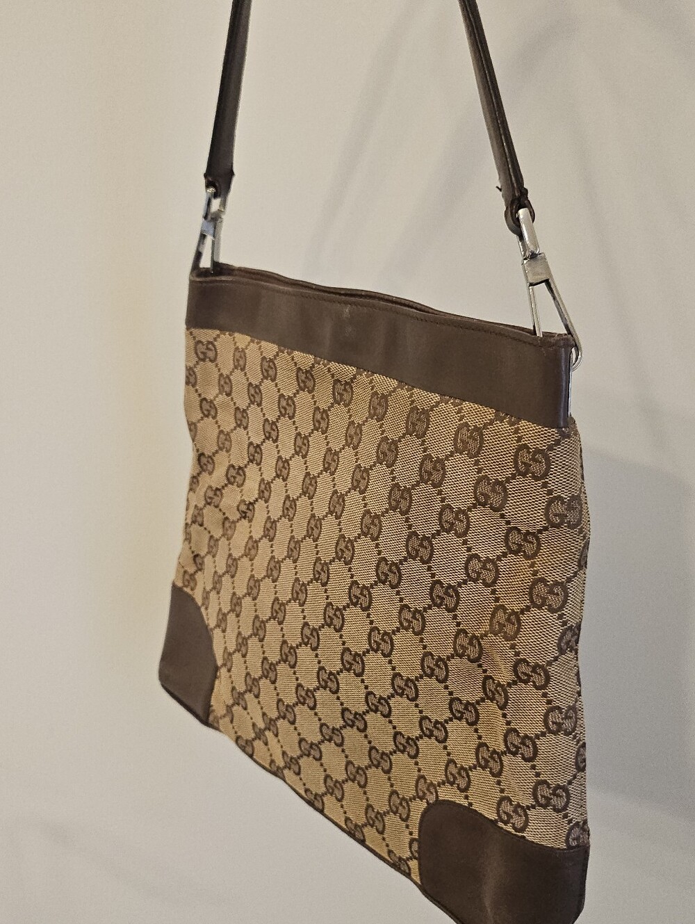 Gucci Vintage GG Canvas Brown Leather Shoulder Bag Hobo - Picture 12 of 14